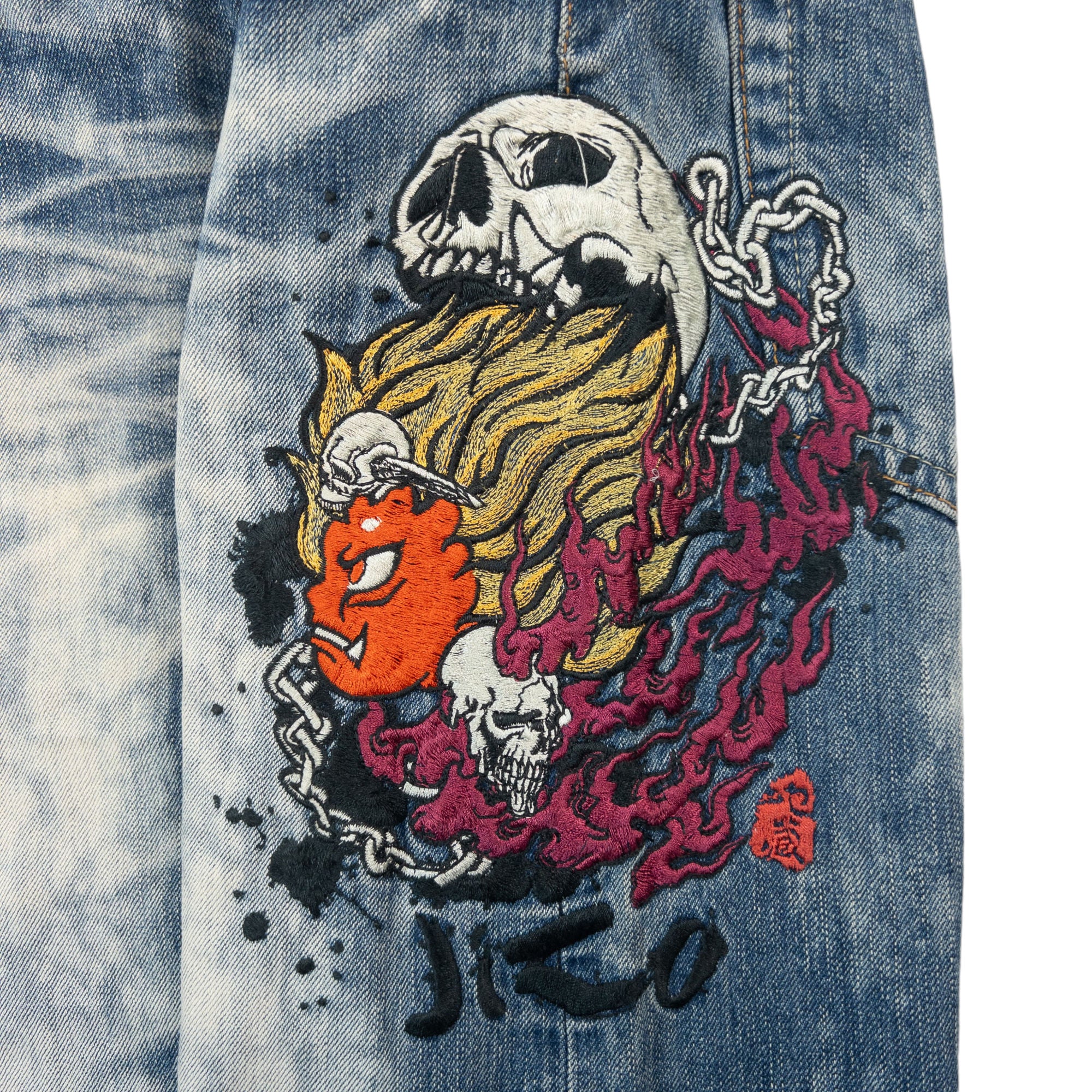 Vintage Jizo Bosatsu Embroidered Skull Japanese Denim Jeans Size W31