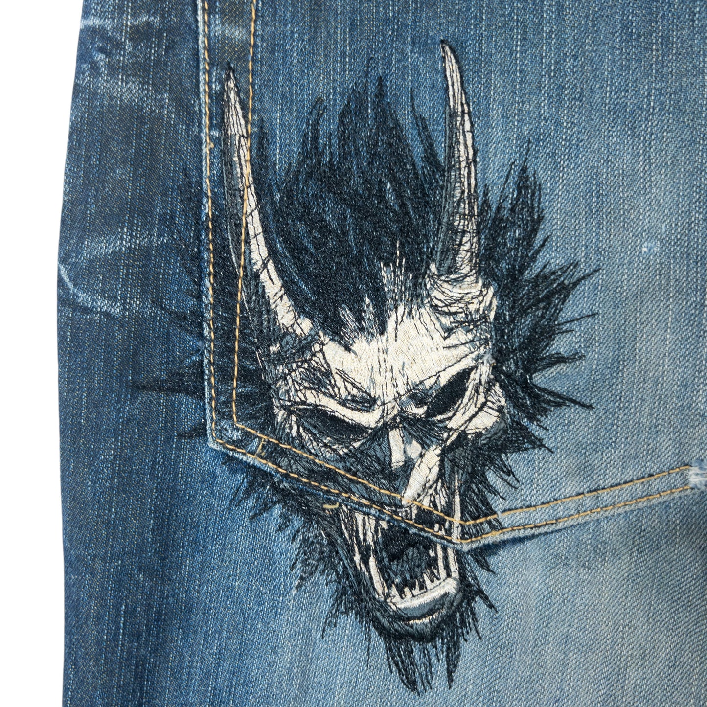 Vintage Oniarai Japanese Monster Embroidered Denim Jeans Size W35