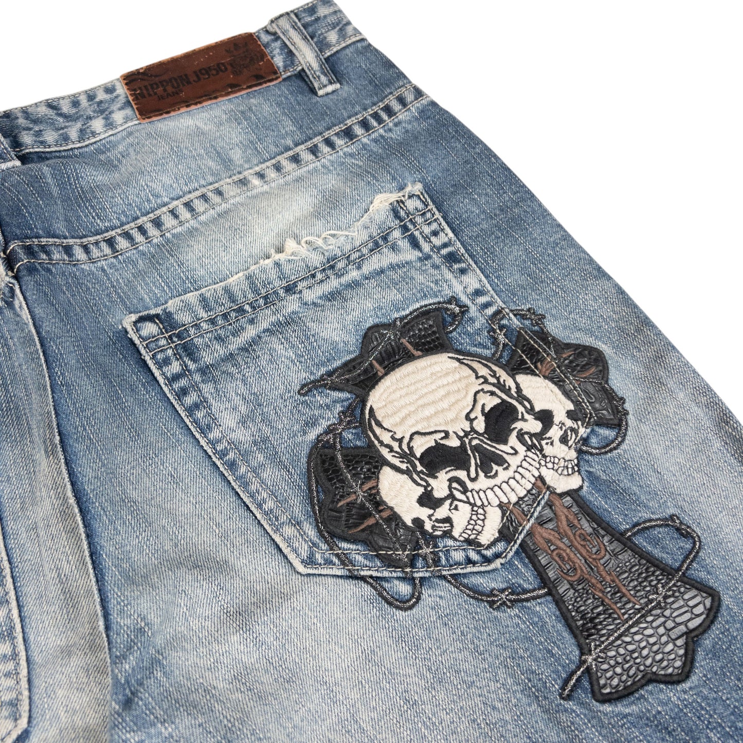 Vintage J950 Embroidered Skull Japanese Denim Jeans Size W35