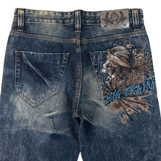 Vintage Big Train Embroidered Pirate Skull Japanese Denim Jeans Size W31