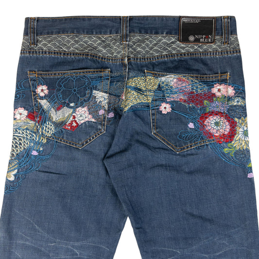 Vintage Nippon Blue Embroidered Floral Fish Japanese Denim Jeans Size W36