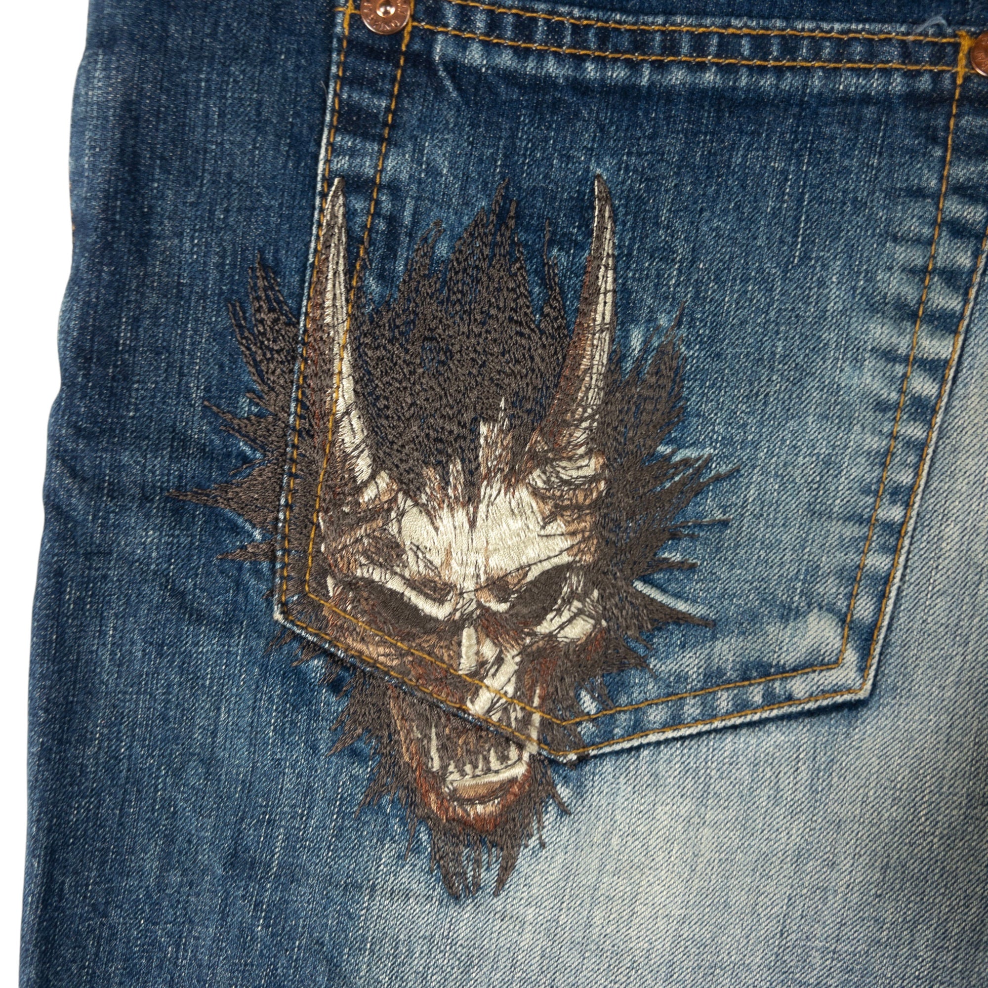 Vintage Oniarai Embroidered Monster Japanese Denim Jeans Size W34