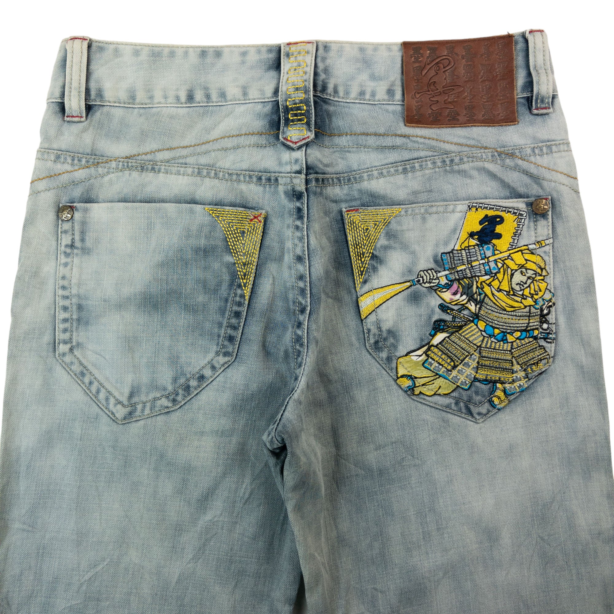 Vintage Big Train Japanese Samurai Embroidered Denim Jeans Size W30