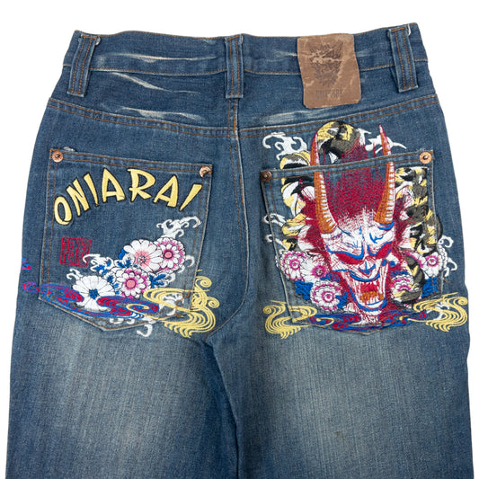 Vintage Oniarai Japanese Floral Monster Embroidered Denim Jeans Size W29