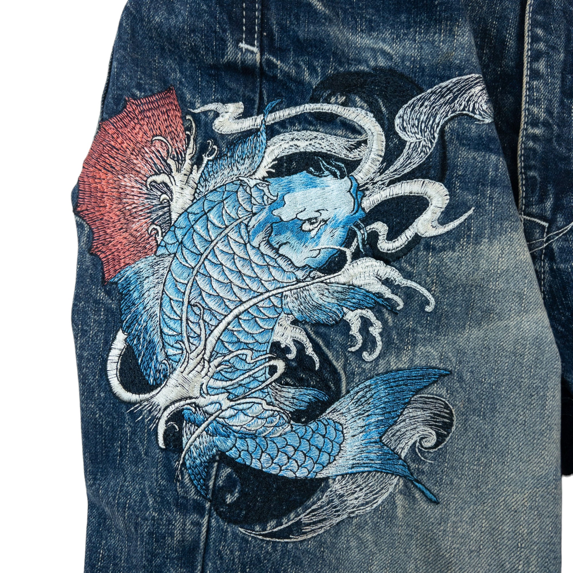 Vintage Big Train Japanese Fish Wave Embroidered Denim Jeans Size W36