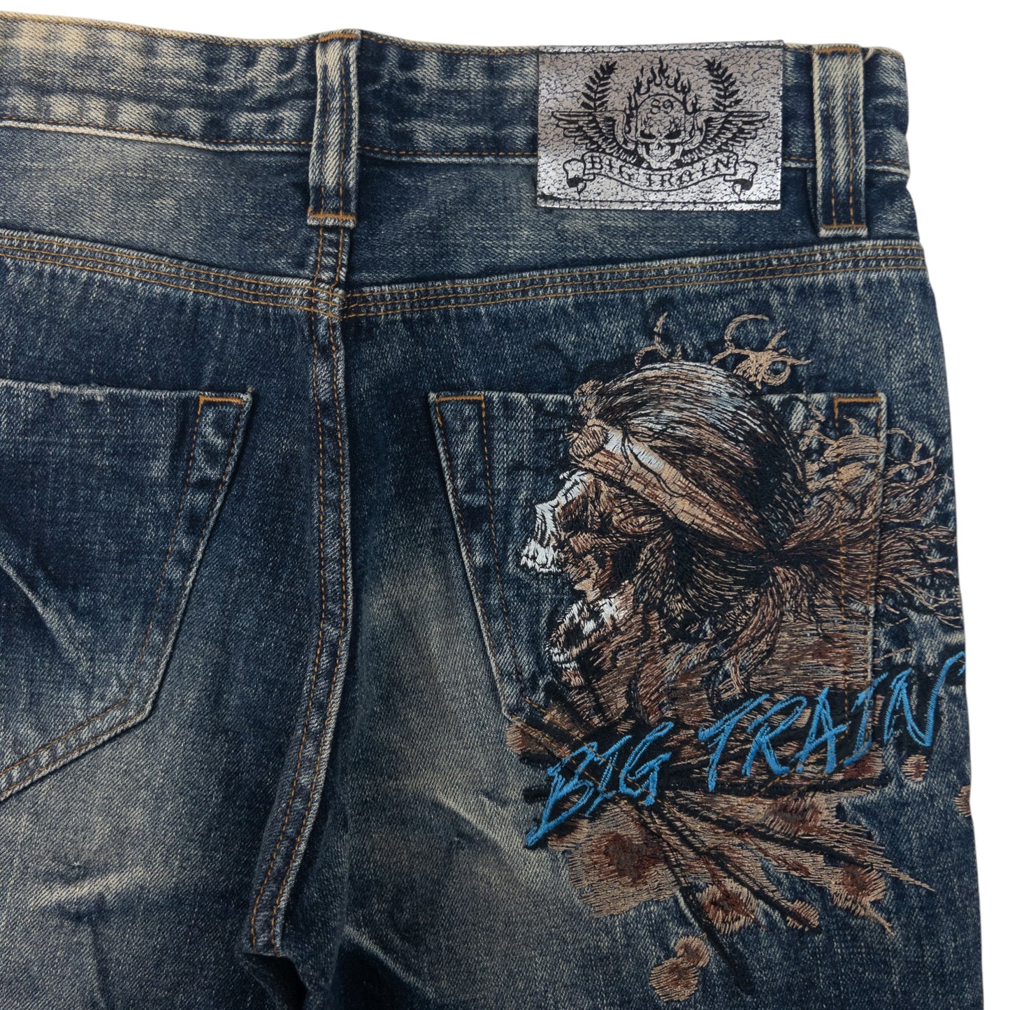 Vintage Big Train Embroidered Pirate Skull Japanese Denim Jeans Size W31