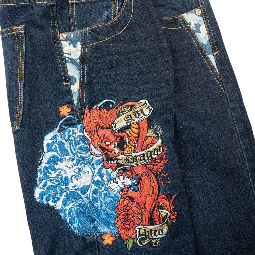 Vintage Big Train Embroidered Dragon Wave Japanese Denim Jeans Size W32