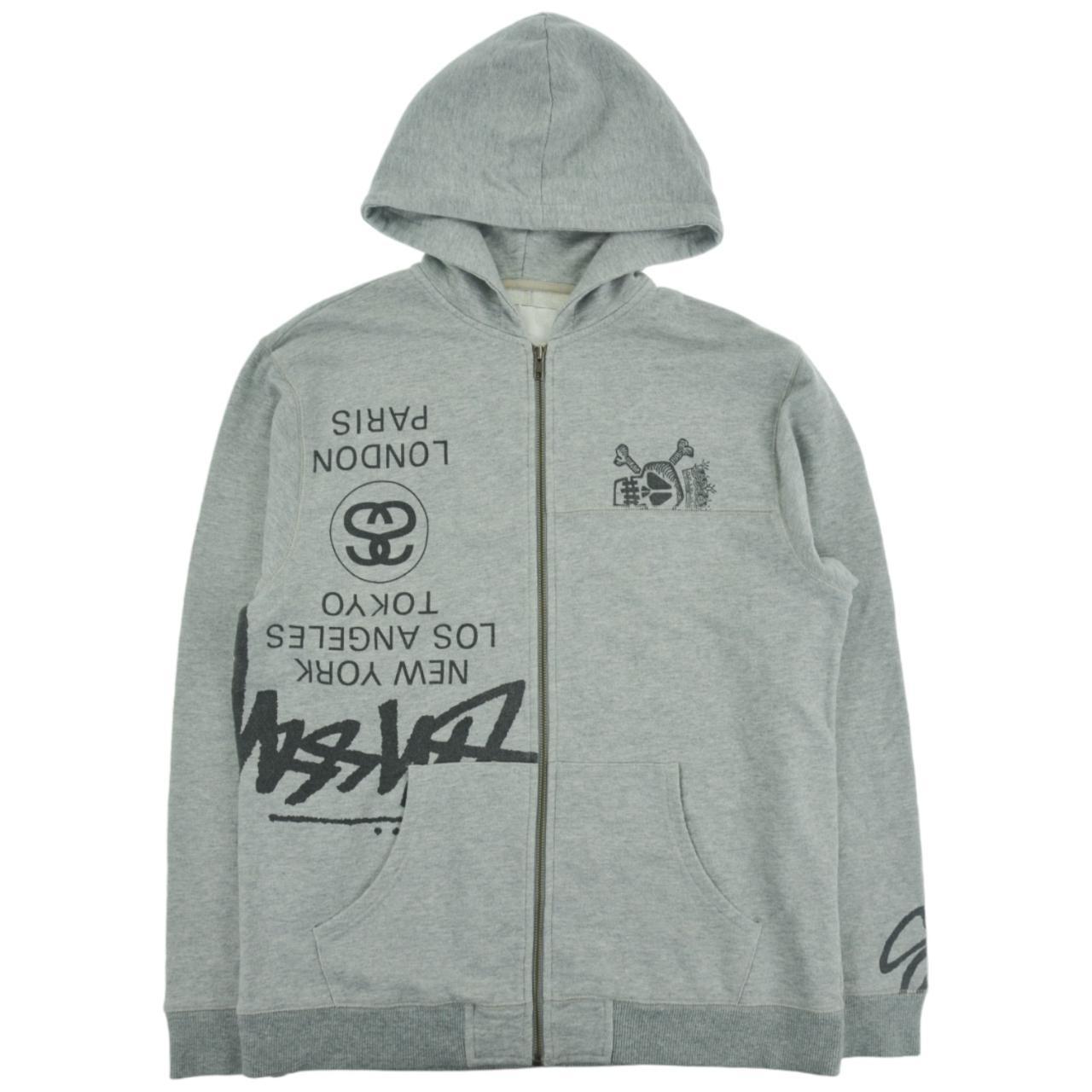 Vintage Stussy Dark Gray Monogram Print Stucci Hoodie Sweatshirt Size Medium