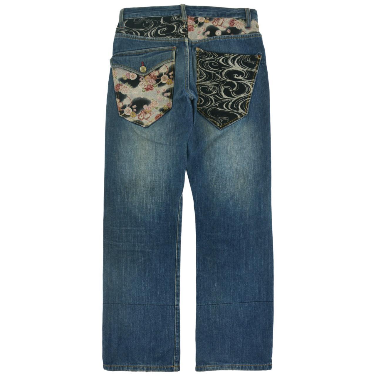 HKAAKH Men's Embroidered Jeans, Vintage Japanese Ukiyo-e Embroidered Blue Jeans