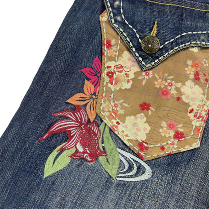 Vintage Flower Big Train Japanese Embroidered Distressed Denim Jeans Size W32