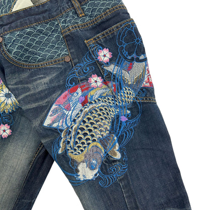 Vintage Koi Fish Nippon Blue Embroidered Japanese Denim Jeans Size W28