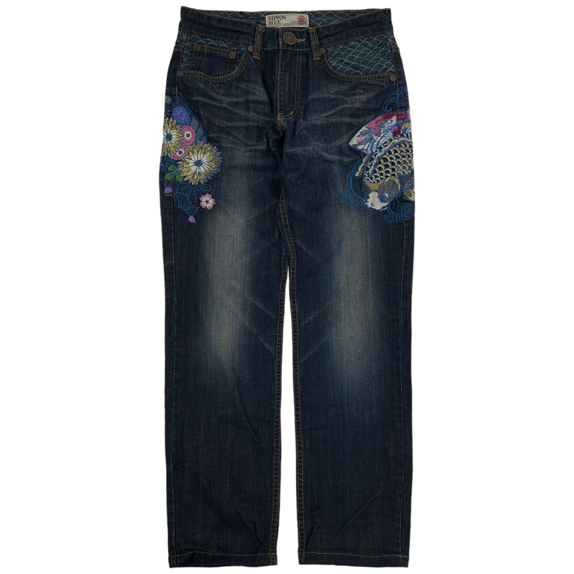 Japanese Embroidered Blue Jeans Denim W28 Cotton Y2K Streetwear 