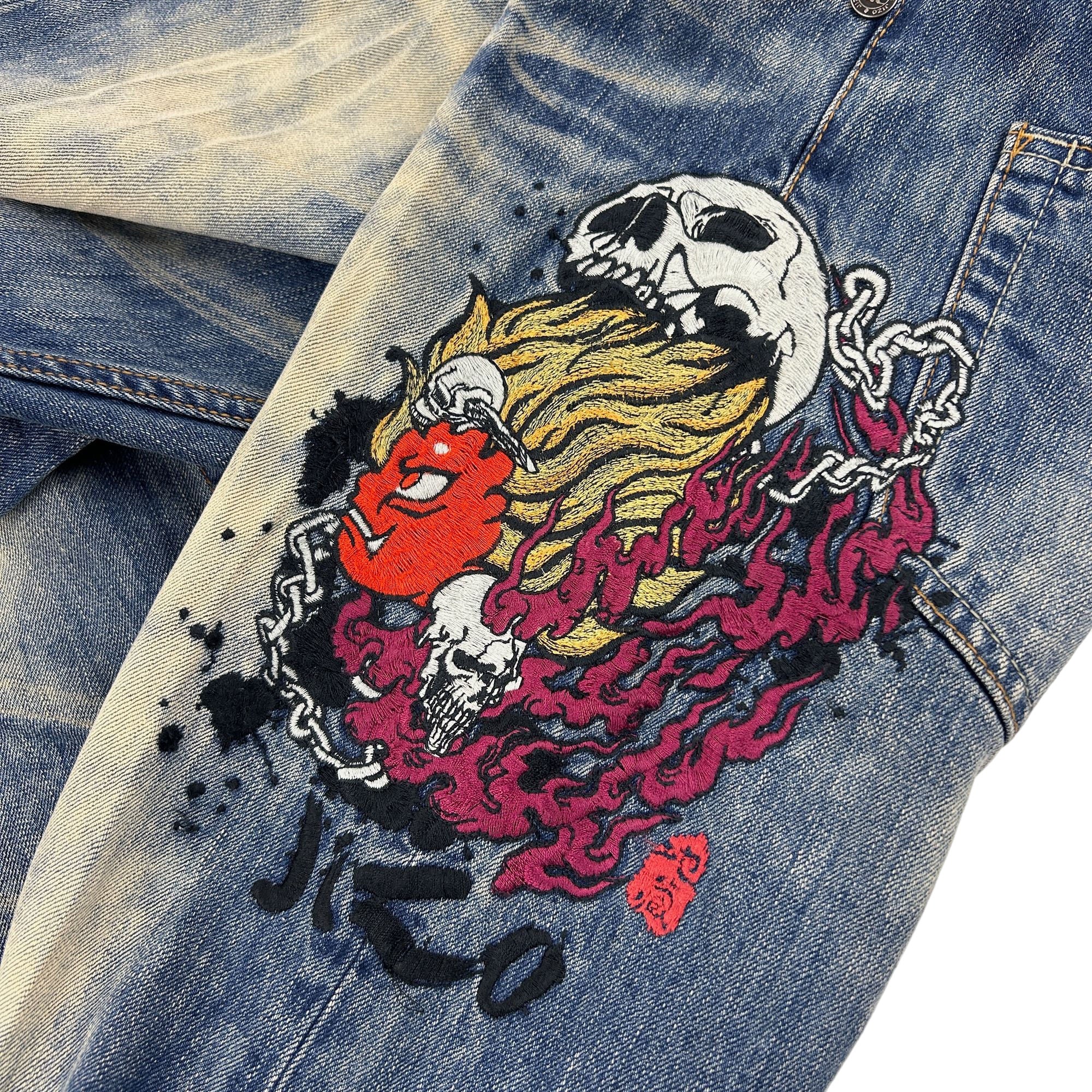 Vintage Monster Jizo Japanese Embroidered Denim Jeans Size W31